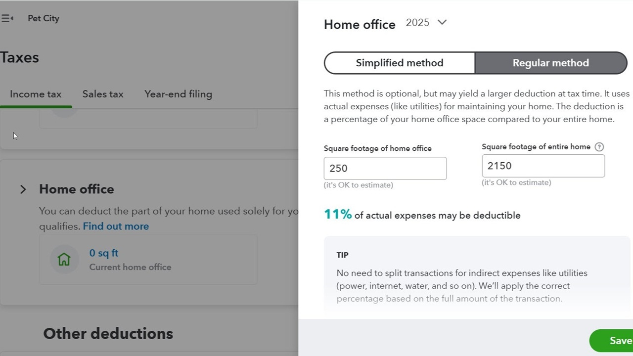 Home office deduction calculation in Solopreneur