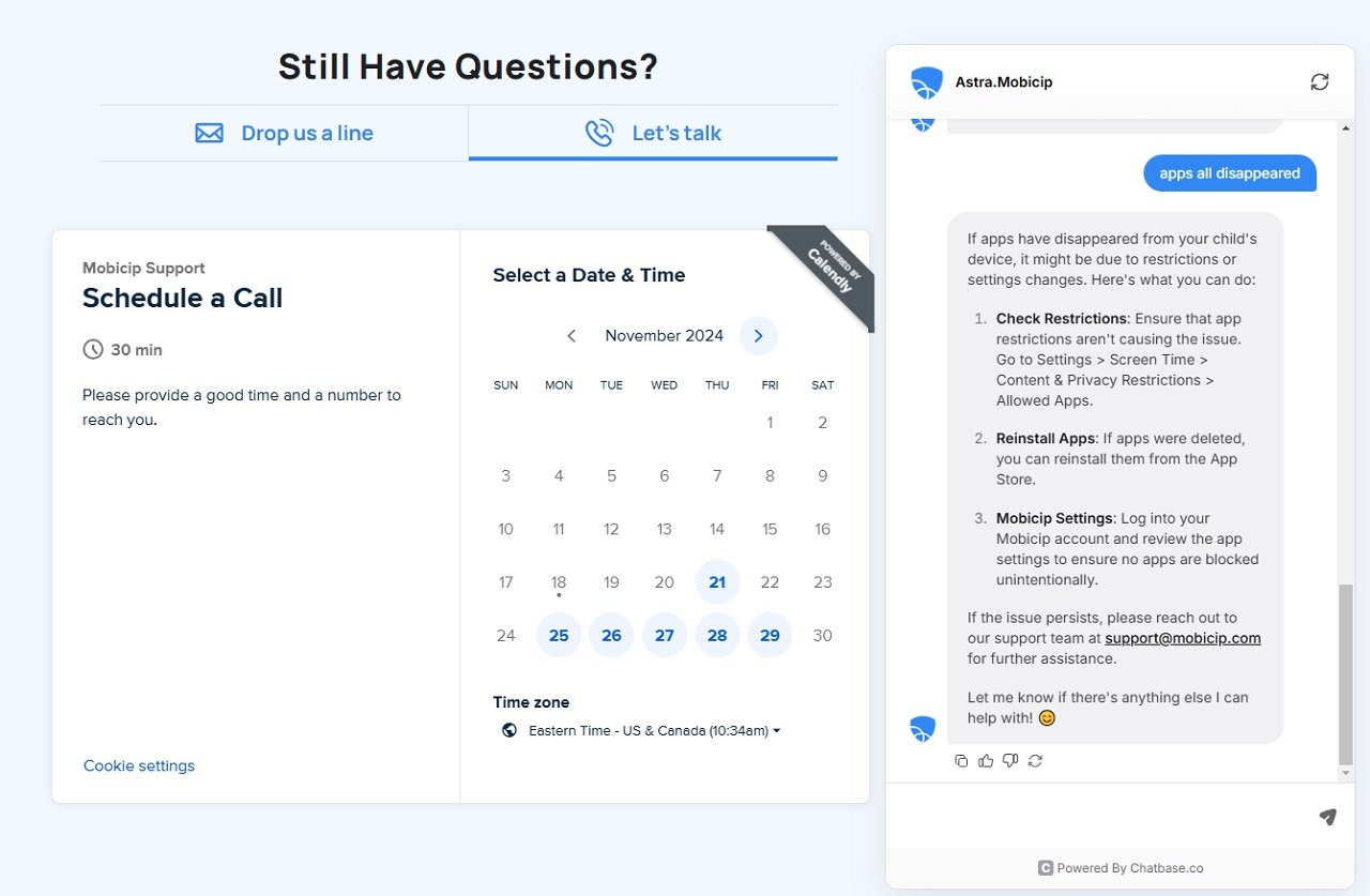 Mobicip's customer support page