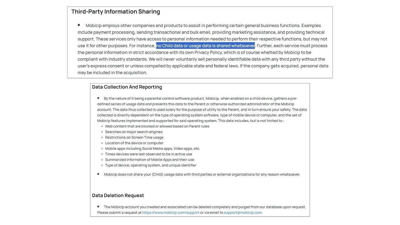Mobicip privacy policy highlights
