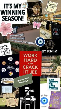 collage of various posters and stickers with words on them, such as it's my winning season
