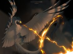 a white bird flying through the air next to a lightening fire hose with its wings spread