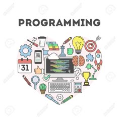 the word programming surrounded by icons and symbols on a white background with a heart shape