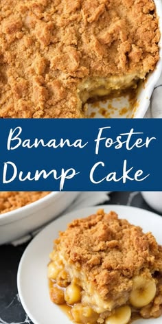 banana fosterer dump cake on a white plate