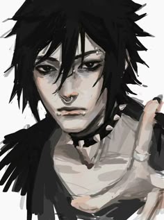 an anime character with black hair and piercings on his chest, looking at the camera