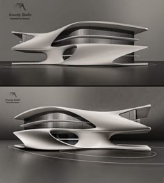 two views of a futuristic building in the middle of an empty room with no people