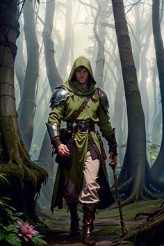 Male Ranger, Fantasy Warrior Male, Elf Warrior Fantasy Art, Ranger Wizard, Wizard With Hood, Fantasy Cloak, Wizard Warrior, Fantasy Woodsman, Wizard Armor