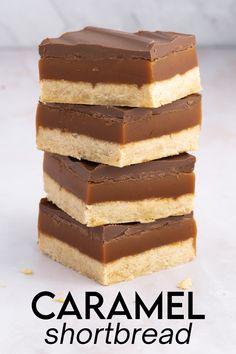 three pieces of caramel shortbread stacked on top of each other with the text overlay