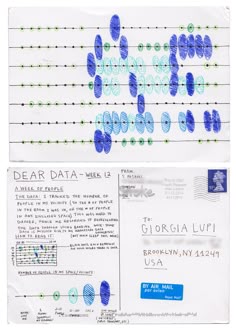 two envelopes with blue and green ink on them, one has an identification card