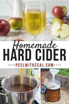 homemade hard cider recipe with apples in the background and an image of apple cider being poured into a pot