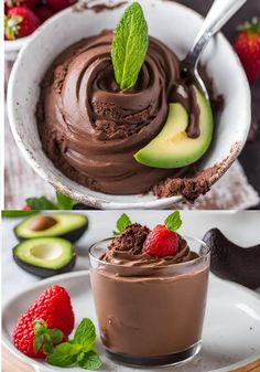 chocolate pudding in a bowl with strawberries and avocado