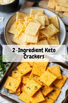 two ingredient keto crackers on a plate with cheese and parsley in the background