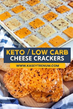 keto / low carb cheese crackers on a cutting board with text overlay