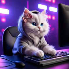 a white cat sitting on top of a laptop computer next to a keyboard and mouse