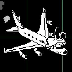 an airplane is flying in the air on a black background with green squares around it