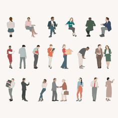 many people are standing together in different poses