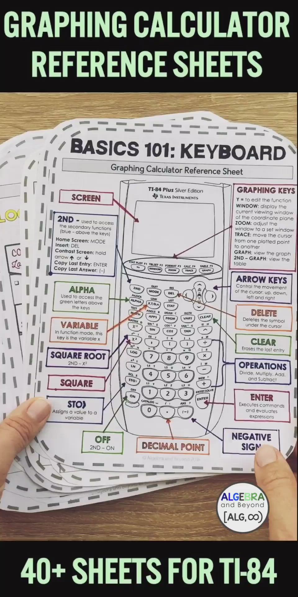 This may contain: a person holding up a paper with the text graphing calculator reference sheets