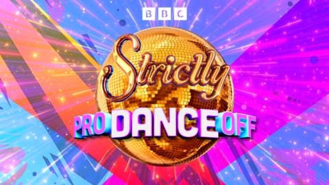 Strictly Pro Dance Off logo with a gold disco ball and bold lettering against a vibrant pink, purple and blue starburst background.