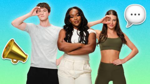 Heath, Kenzie and Olive pose against a blue and green gradient background with a megaphone and speech bubble on either side.
