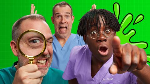 Doctors Chris, Xand and Ronx holding up microscopes against a green splattered background