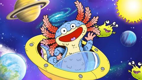 Horrible Science Stinky Space alien flying around on a spaceship