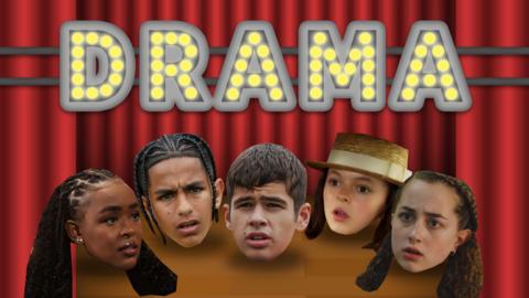CBBC Drama hub - head cut-outs of Drama show characters are lined at the bottom of the image against a dramatic red theatre curtain background.