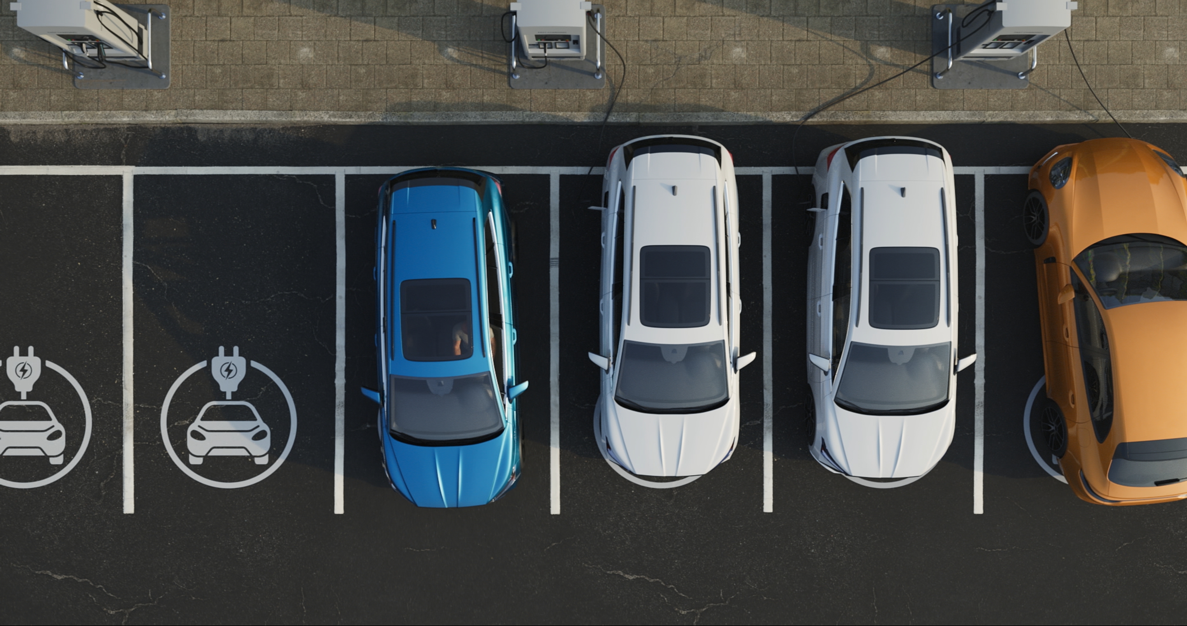 Electric cars charing in a parking lot