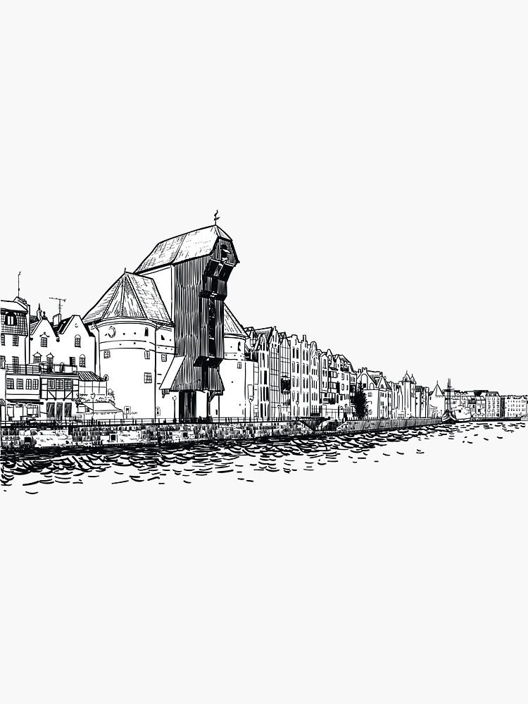 Thumbnail 3 of 3, Sticker, Drawing of famous Crane Gate in Gdansk designed and sold by StefanAlfonso.