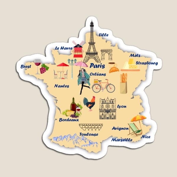 Aperçu de l'œuvre Carte de France des destinations touristiques avec les noms des grandes villes et de la tour Eiffel créée et vendue par mashmosh.