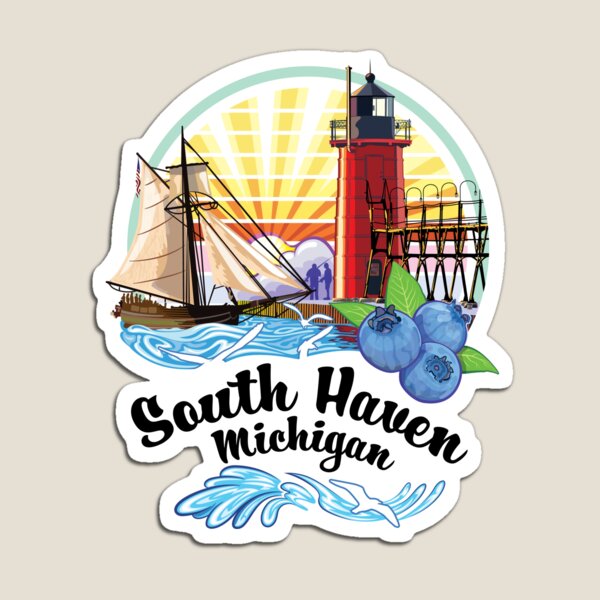 Aperçu de l'œuvre Phare de South Haven Michigan USA sur la jetée sud avec un grand voilier et des myrtilles créée et vendue par SunNoonPark.