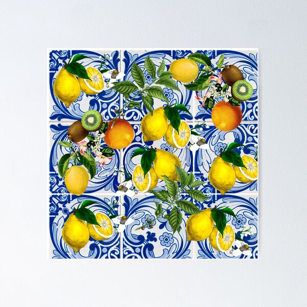 Aperçu de l'œuvre Citron méditerranéen sur carreaux de céramique bleus créée et vendue par kapotka.