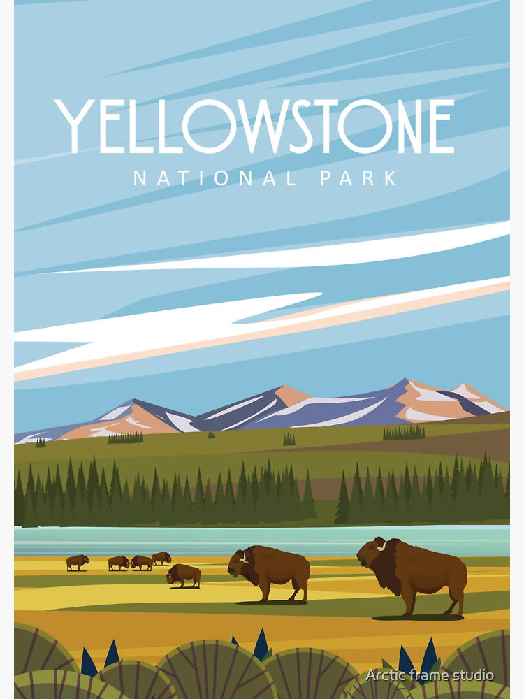 Aperçu 3 sur 3. Sticker avec l'œuvre Affiche de voyage moderne de Yellowstone créée et vendue par Arctic frame studio.