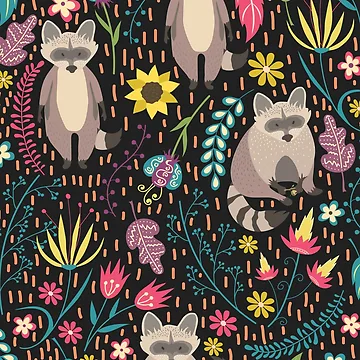 Artwork thumbnail, Raccoons bright pattern by JuliaBadeeva