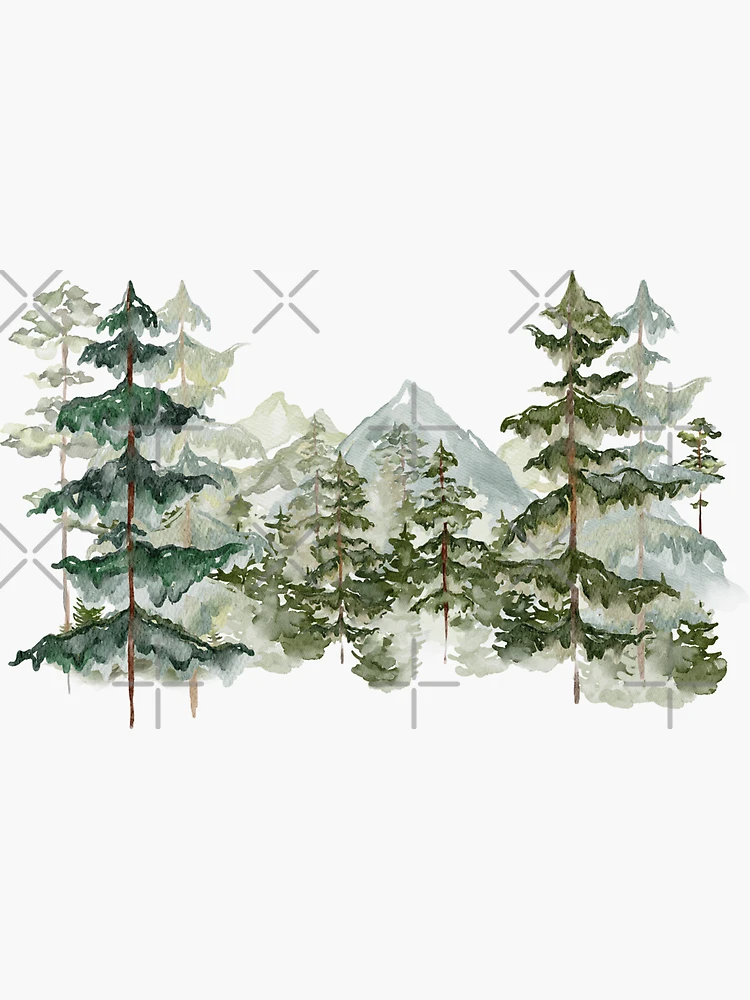 Thumbnail 3 von 3, Sticker, Aquarell Kiefernwald und Berg ästhetische Grafik designt und verkauft von Nature Hues.