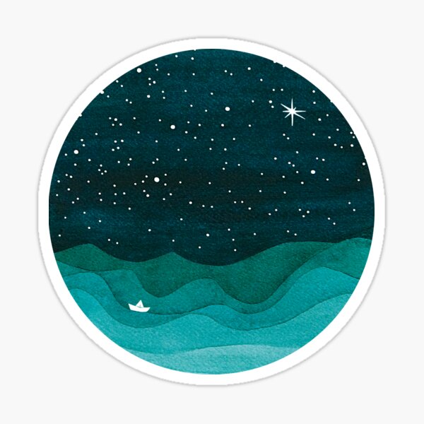 Item preview, Océano estrellado, velero verde azulado, acuarela, olas del mar, noche designed and sold by VApinx.