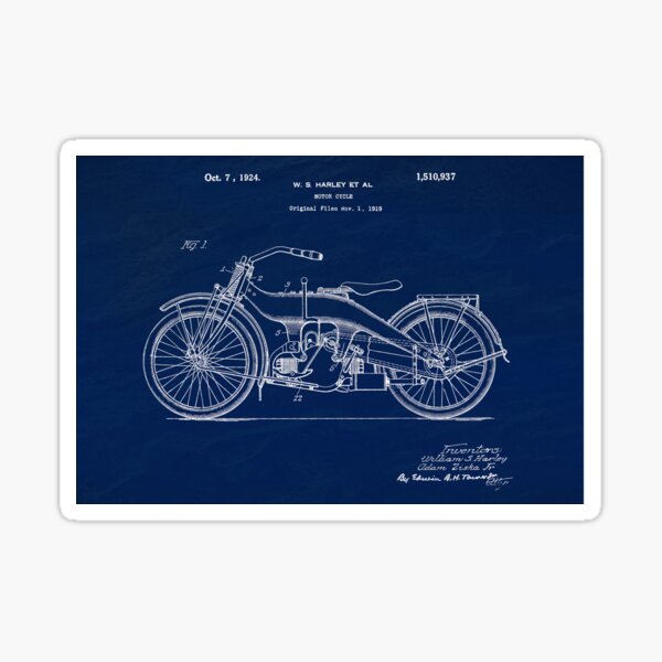 Aperçu de l'œuvre Moto Harley 1924, brevet original dessin fond bleu ardoise créée et vendue par QualitySolution.