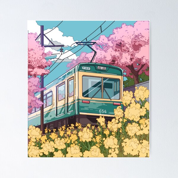 Aperçu de l'œuvre Le train japonais et le voyage printanier créée et vendue par AnGoArt.