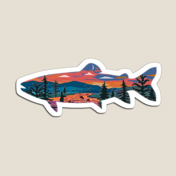 Aperçu de l'œuvre Trout Silhouette Fly Fishing Mountain Sunset River Stream Art créée et vendue par TeeCreations.