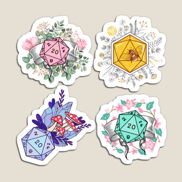 Aperçu de l'œuvre Pack d'autocollants Dnd : jolie collection de dés Dnd avec des fleurs, des champignons, des cristaux et des abeilles. créée et vendue par DungeonAtelier.