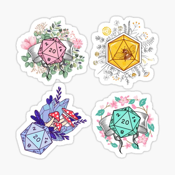 Item preview, Paquete de pegatinas Dnd: linda colección de dados Dnd con flores, champiñones, cristales y abeja. designed and sold by DungeonAtelier.