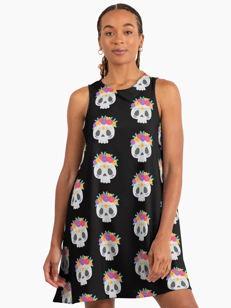 Imagen 2 de 5, Vestido acampanado con la obra paquete del día de los muertos, diseñada y vendida por stickers-packs.