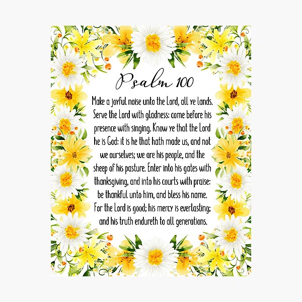 Aperçu de l'œuvre Psaume 100 Bible Verse Wall Art, Christian Room Decor, Aquarelle Psaume Ecriture, Jaune Vert Fleurs créée et vendue par Dzhenka-Balimez.