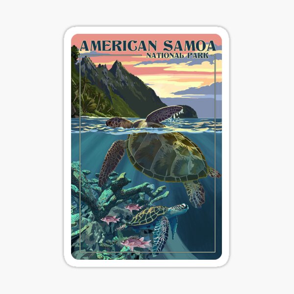 Aperçu de l'œuvre Autocollant de voyage pour tortues du parc national des Samoa américaines, États-Unis créée et vendue par MeLikeyTees.