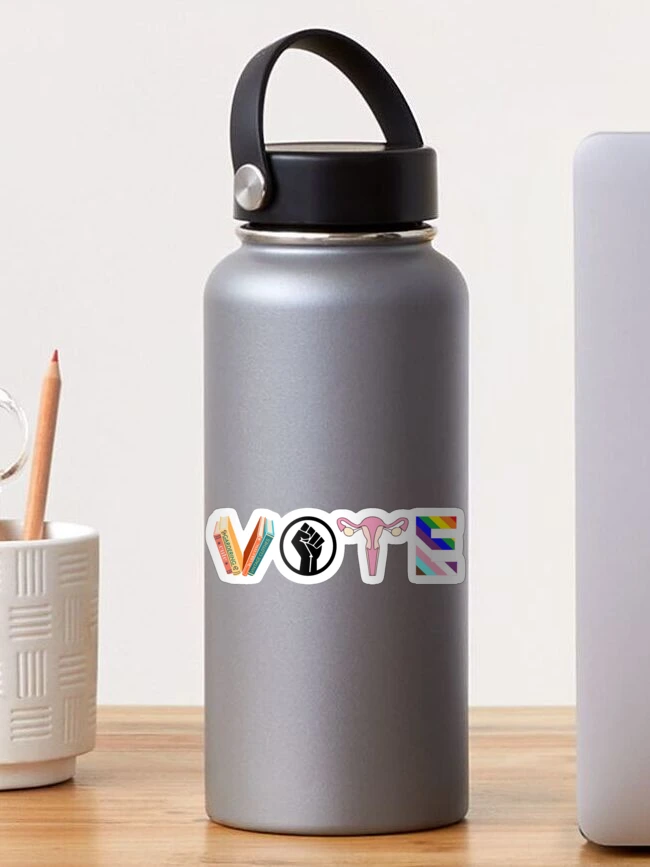 Aperçu 1 sur 3. Sticker avec l'œuvre VOTEZ | Livres interdits, droits reproductifs, BLM, LGBTQ, progrès, activisme politique créée et vendue par zackup.