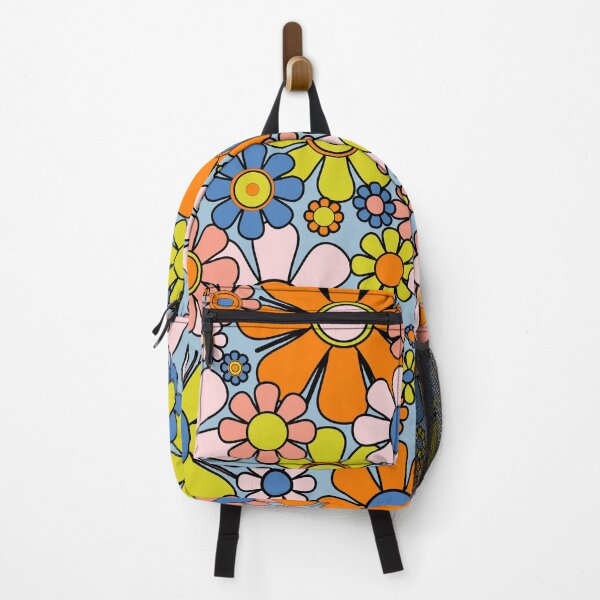 Item preview, Retro Garden Flowers Groovy 60s 70s Spring Floral Pattern Blue Orange Lime Pink Black designed and sold by kierkegaard.