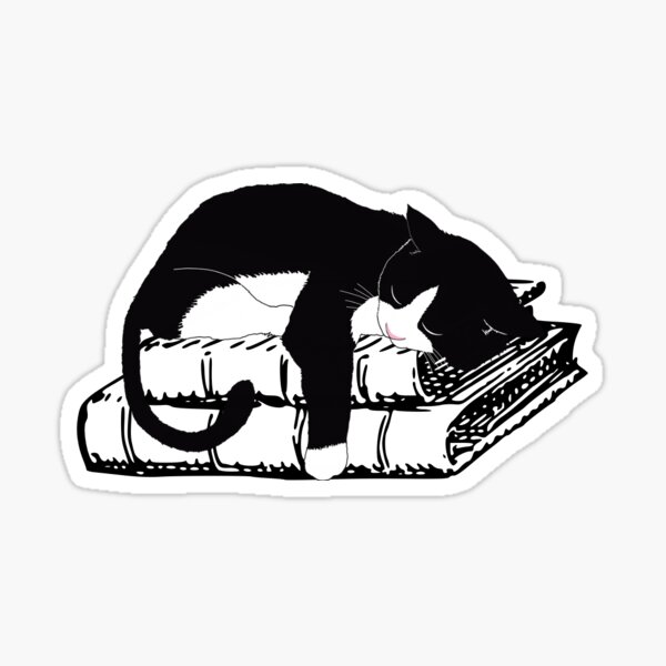 Artikelvorschau, Tuxedo-Katze, die auf Büchern schläft - realistischer Katzenliebhaber-Aufkleber entworfen und verkauft von CreateChangeUS.