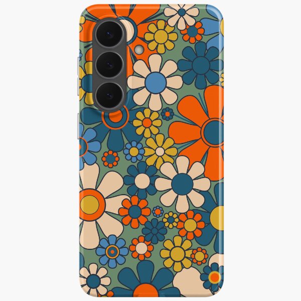 Aperçu de l'œuvre Fleurs de jardin rétro Groovy Multicolore Années 60 Années 70 Motif floral Vert Bleu Orange Moutarde créée et vendue par kierkegaard.