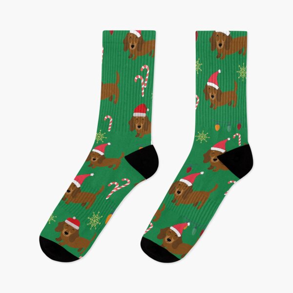 Item preview, Perro salchicha en patrón de Navidad verde designed and sold by pumpqin.