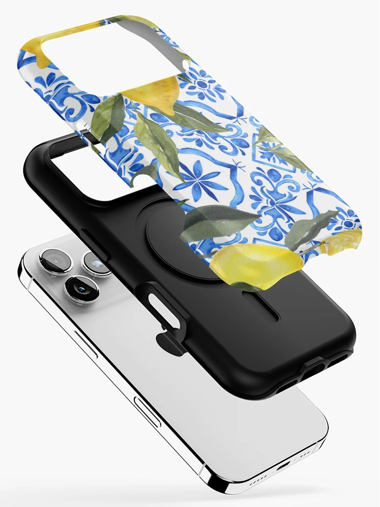 Thumbnail 2 of 4, iPhone Case, Lemons on Blue Tiles designed and sold by Tired-Starling.