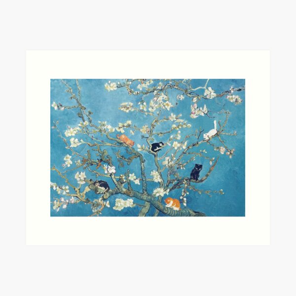 Aperçu de l'œuvre Chat rigolo dans une fleur d'amandier de Van Gogh créée et vendue par evermore-design.