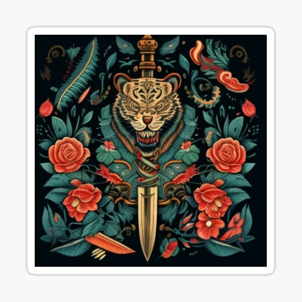 Aperçu de l'œuvre Tigre traditionnel américain, poignard et rose - Full Color créée et vendue par MerikDigital.